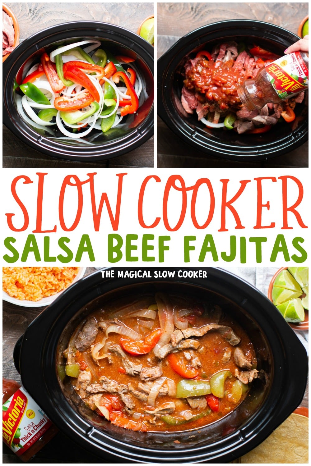 collage of salsa beef fajita photos for pinterest