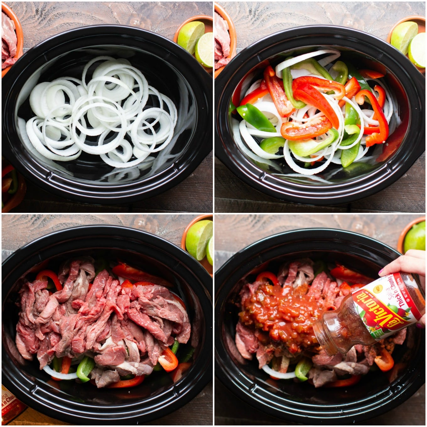 collage of how to make beef fajitas, layer veggies, add meat, add salsa.