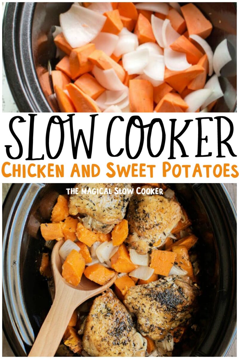 collage of chicken and sweet potatoes with text overlay for pinterest