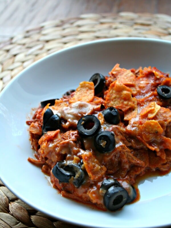 chicken doritos casserole in white bowl