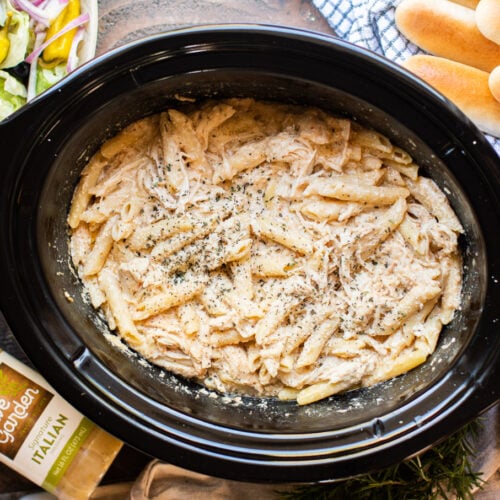 Chicken, pasta, in a creamy sauce in the slow cooker