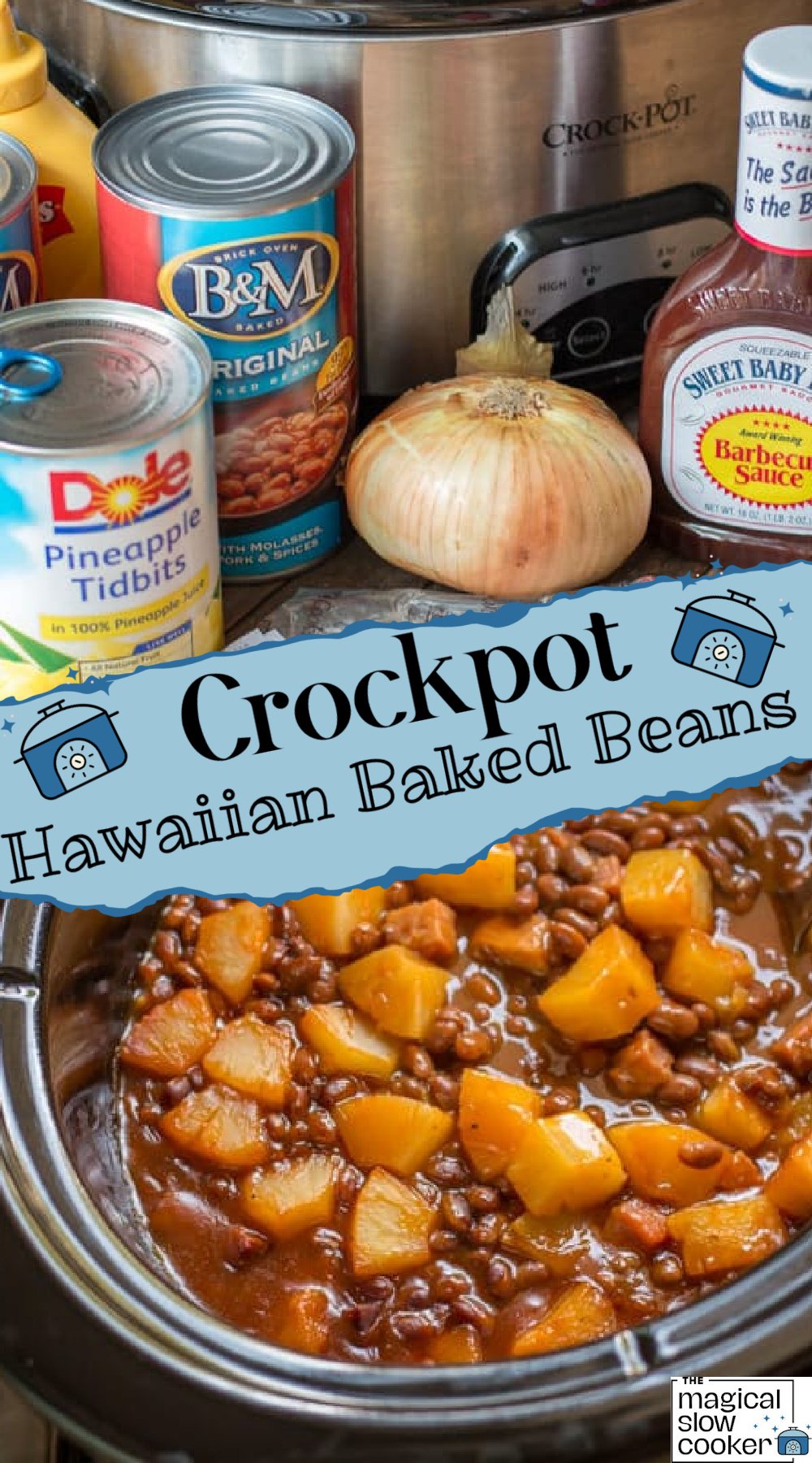 2 images of hawaiian baked beans.