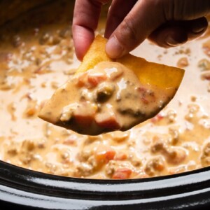close up of rotel dip on a chip