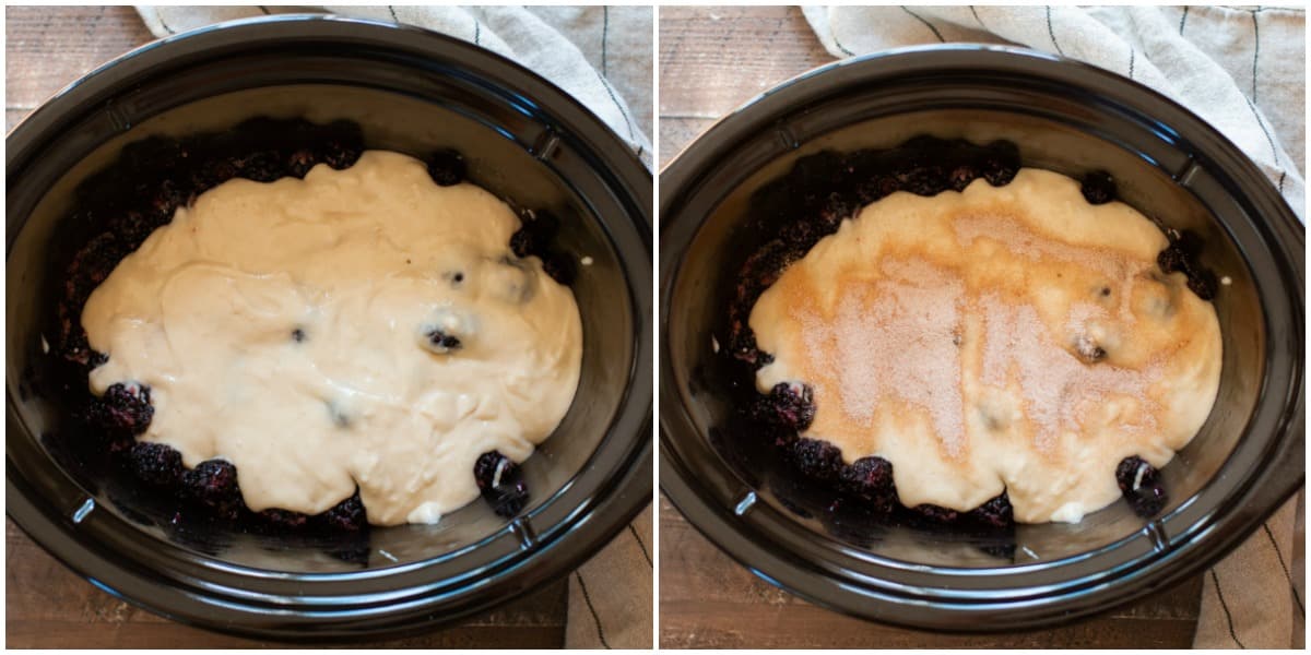 2 photo collage. Left has blackberries and batter in slow cooker. Right has the similar photo but with cinnamon sugar on top.