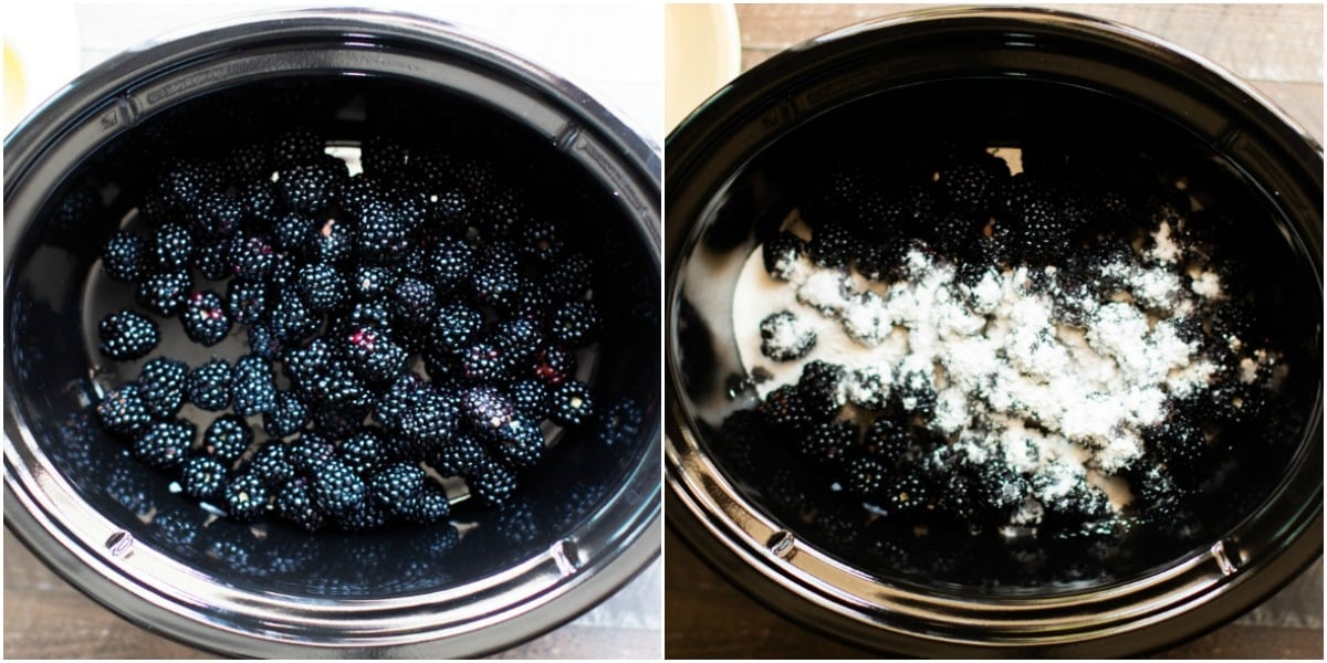 2 photo collage. Left photo has blackberries in slow cooker. Right photo has cornstarch, butter and sugar on top of blackberries.
