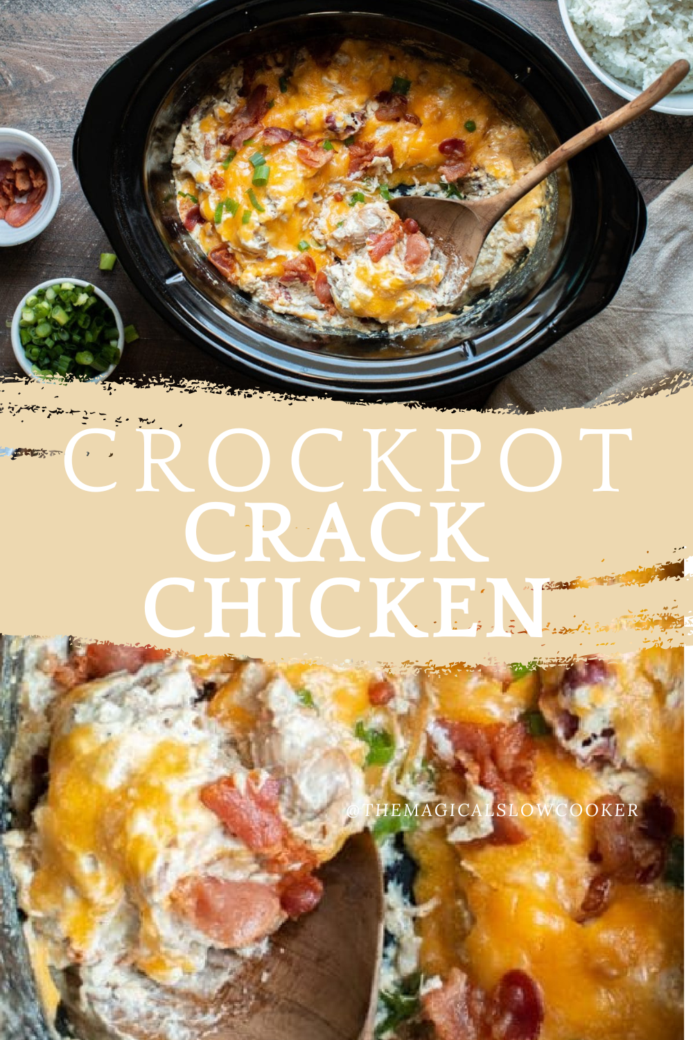 crack chicken on a plate and crockpot.