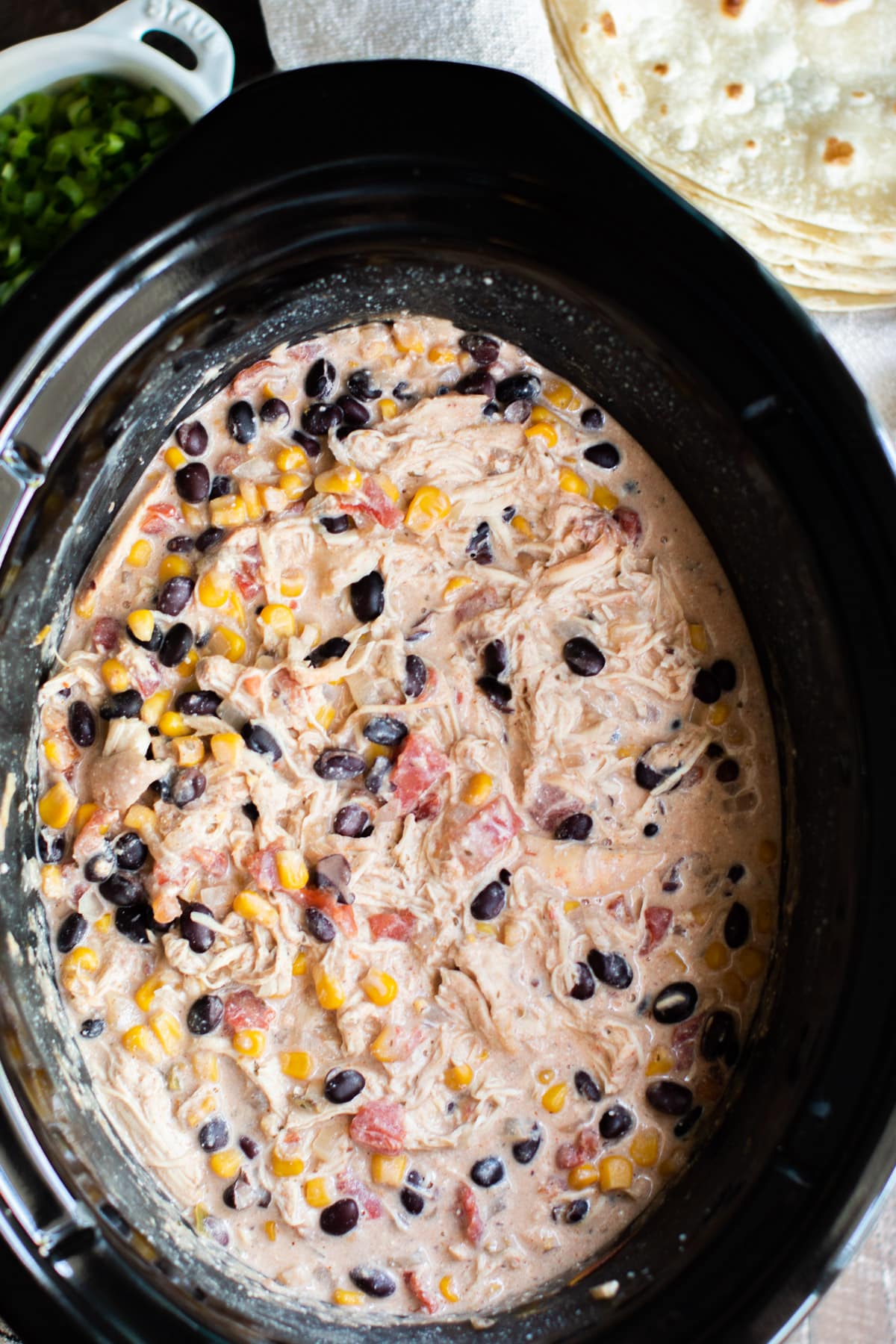 Shredded fiesta chicken with corn and black beans