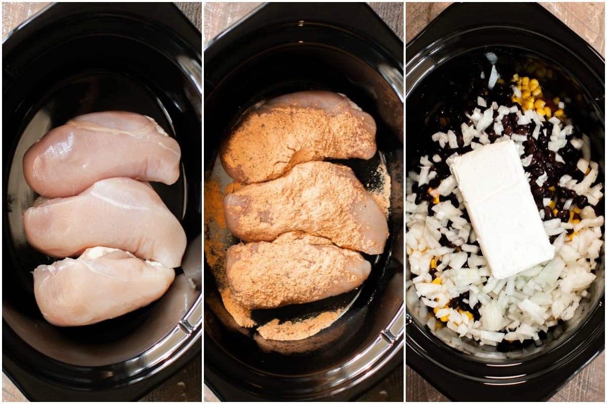 chicken breasts: plain, with spicy ranch, and with onion, black beans, corn and cube of cream cheese