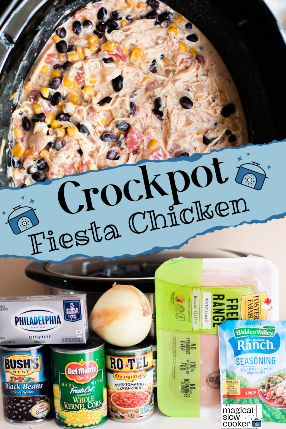 2 images of fiesta chicken in a slow cooker.