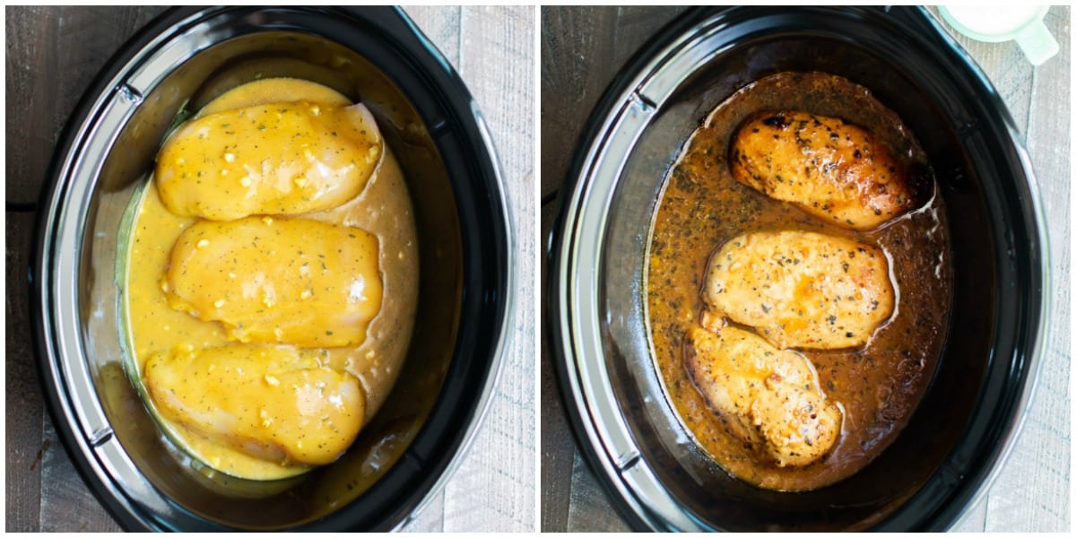 2 photo collage. 3 chicken breasts with honey mustard before and after cooking in the slow cooker.