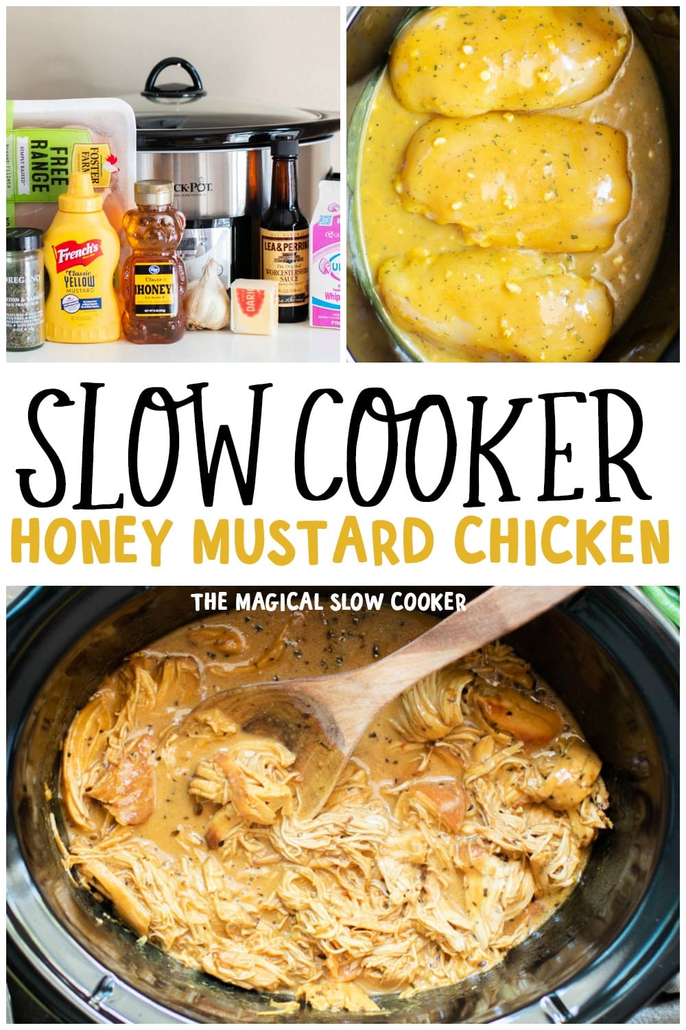 collage of honey mustard chicken photos with text over lay that says: Slow Cooker Honey Mustard Chicken