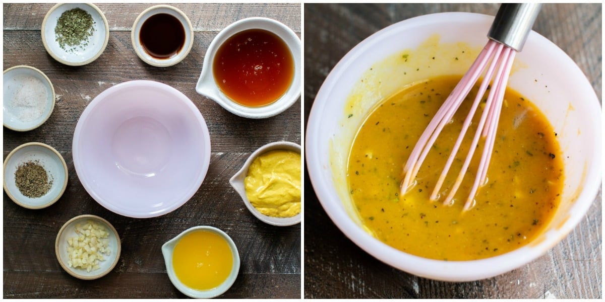 2 photo collage. Ingredients for honey mustard in small bowls, and mixed honey mustard in a pink bowl.