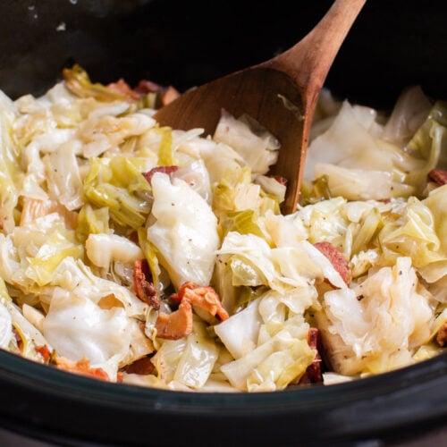 close up of crockpot cabbage and bacon
