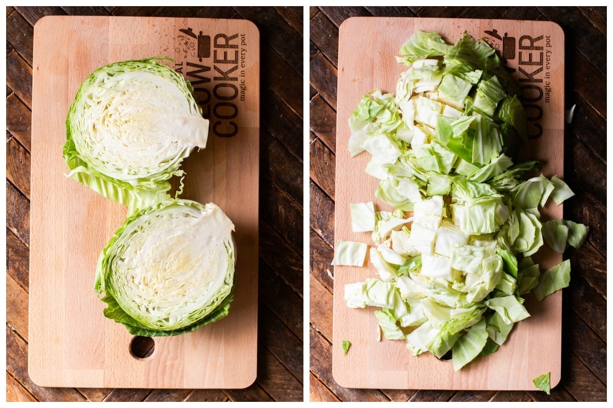 2 photo collage, cabbage halved on a cutting board. Other photo cut cabbage.