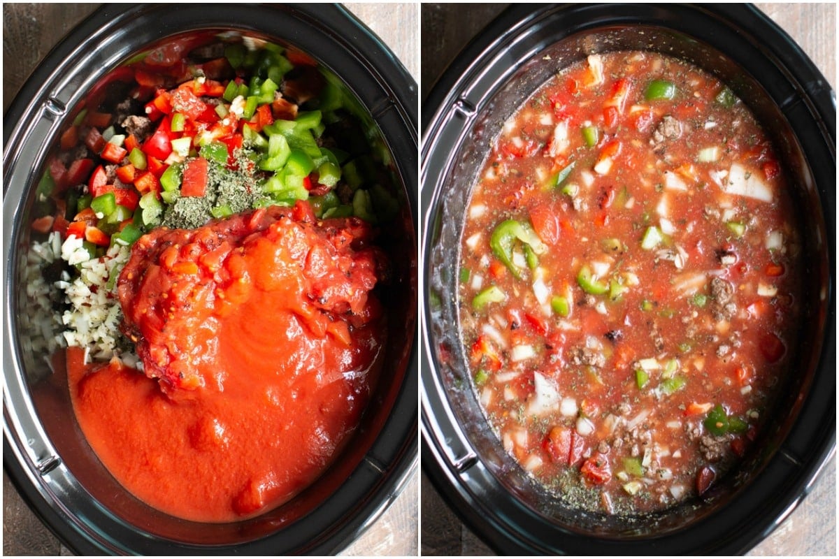 2 pictures side by side.  Unstirred ingredients for soup and stirred soup before cooking in the slow cooker.