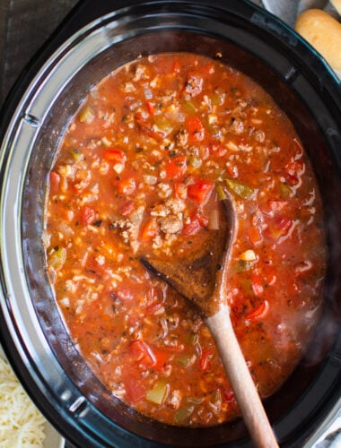 close up photo of cooked stuffed pepper soup in slow cooker