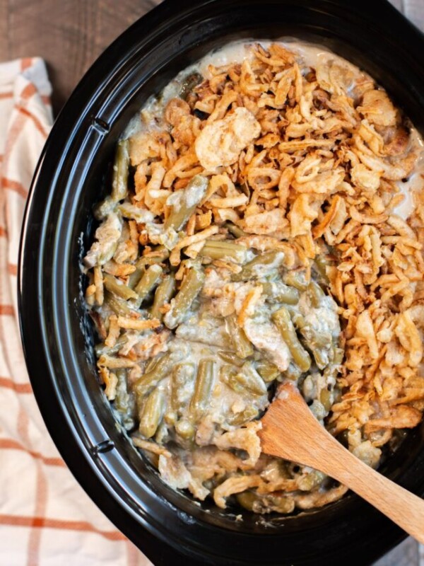 green bean casserole done cooking in the slow cooker.