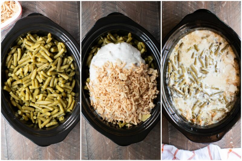 3 photos of green bean casserole steps.