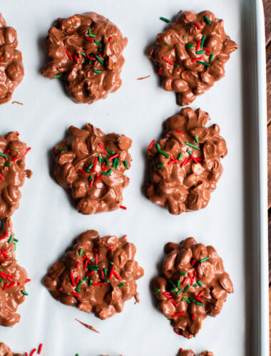 not yet set peanut clusters on a sheet pan