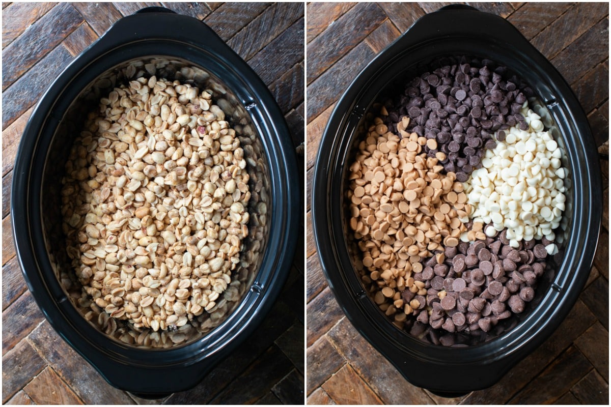 2 photo collage, peanuts in one slow cooker, and chocolate chips on top in another.