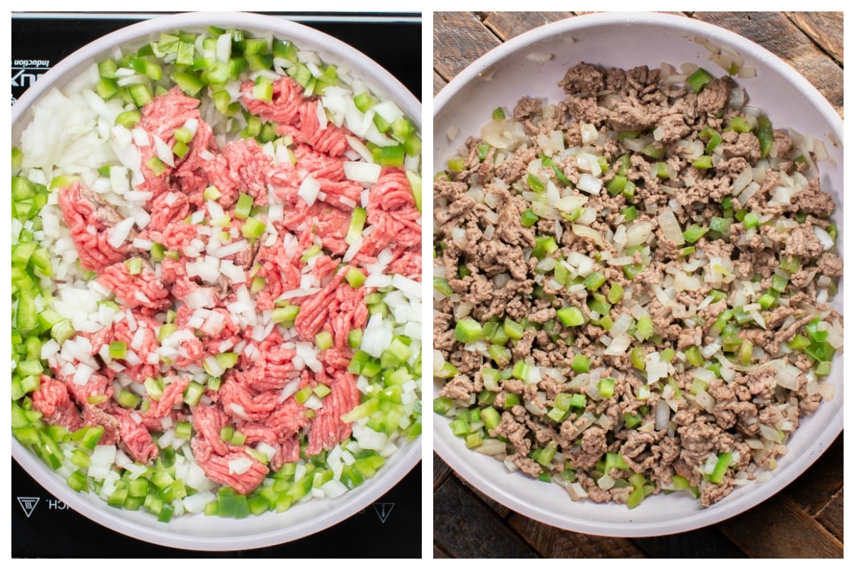 2 photo collage. Ground beef cooking with bell pepper and onion