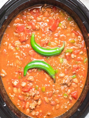 slow cooker hot chili with two serrano peppers