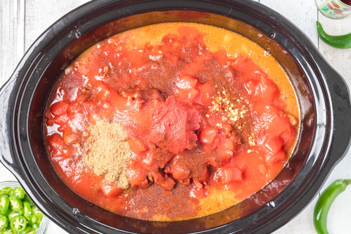 slow cooker hot chili before cooking, in slow cooker