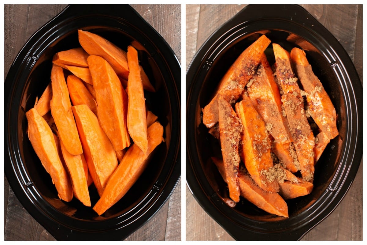 collage of sweet potato photos uncooked in slow cooker