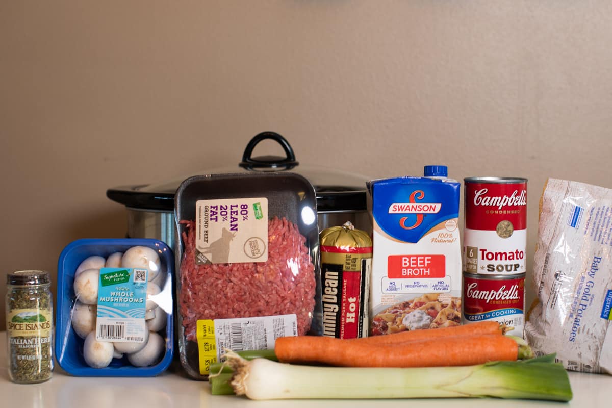 ingredients for witches brew stew in front of slow cooker