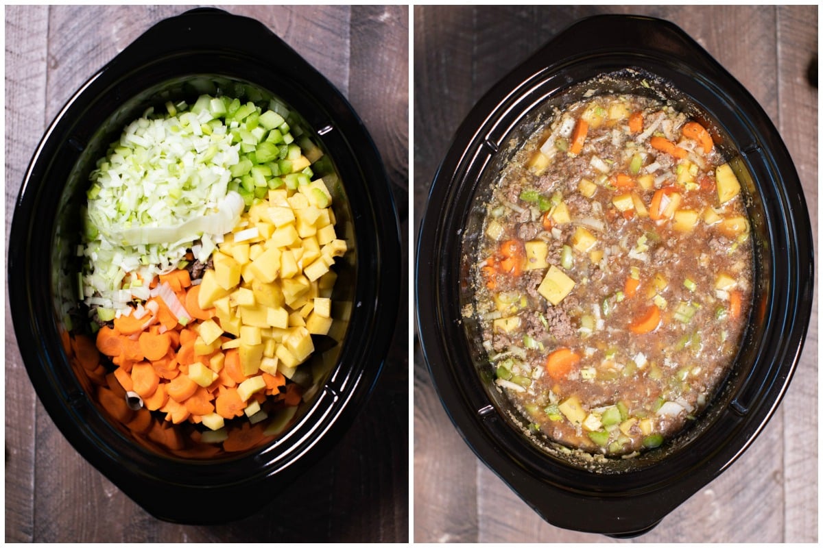 collage of 2 photos of witches brew stew before cooking.