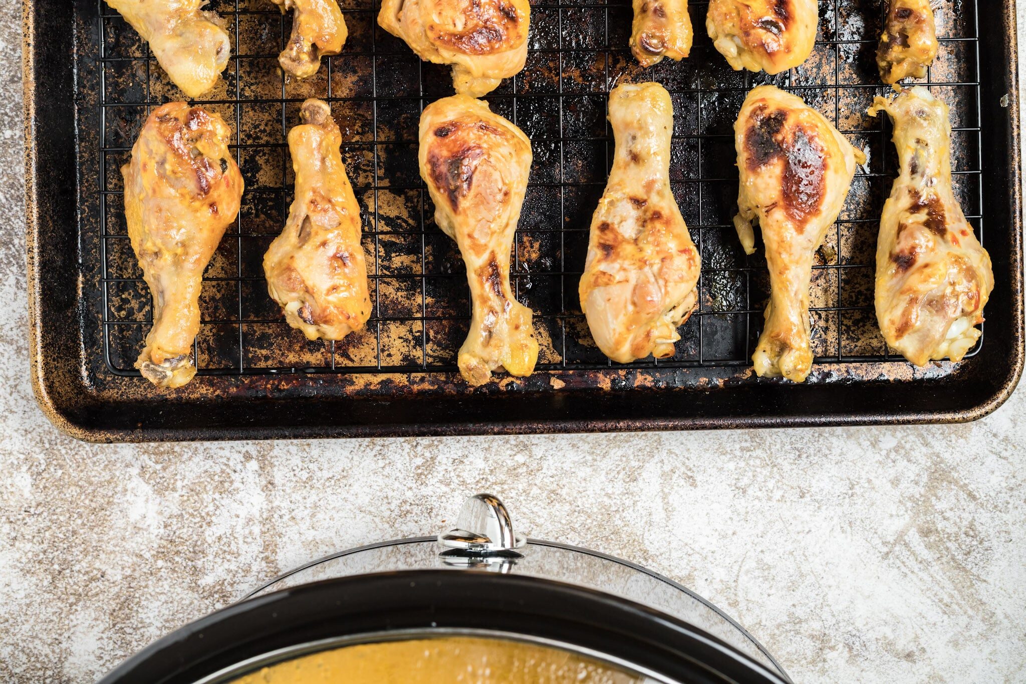 browned bang bang chicken on a sheet pan