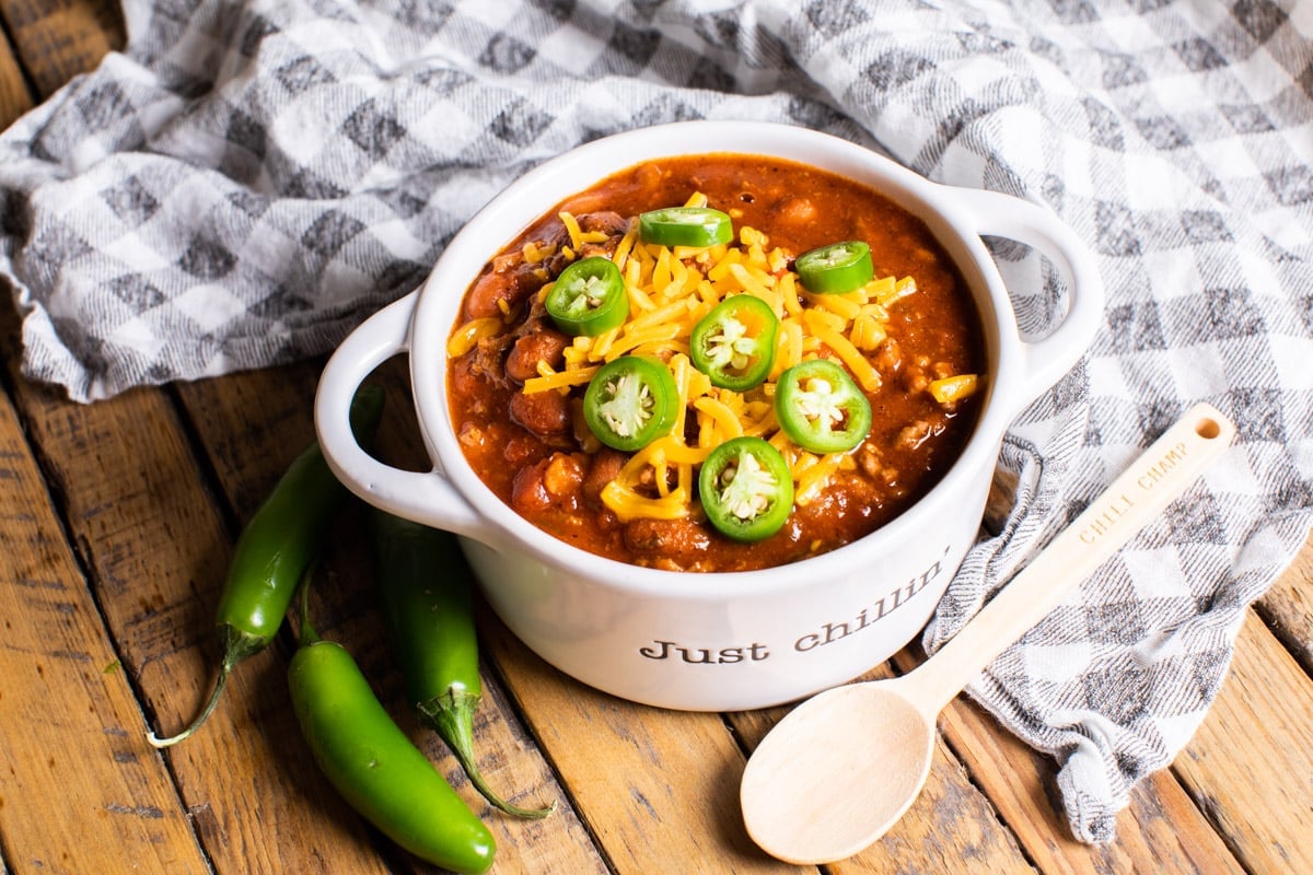 bowl of hot chili in white bowl that says just chillin'