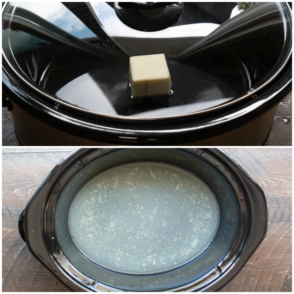 2 images. Top one butter and water in slow cooker. Bottom, melted butter and water in slow cooker.