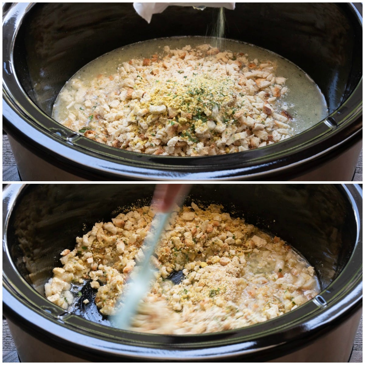 2 image collage. Top image is stuffing being poured into a slow cooker. Bottom, spatula stirring stuffing.