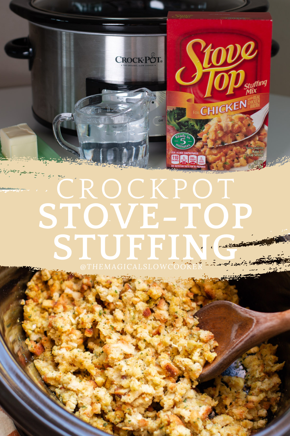 2 images of stove top stuffing in a slow cooker.
