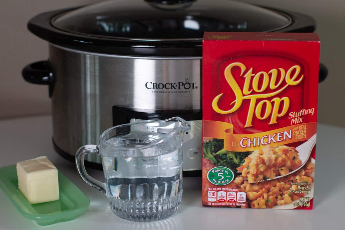 ingredients for stove top stuffing in front of a slow cooker