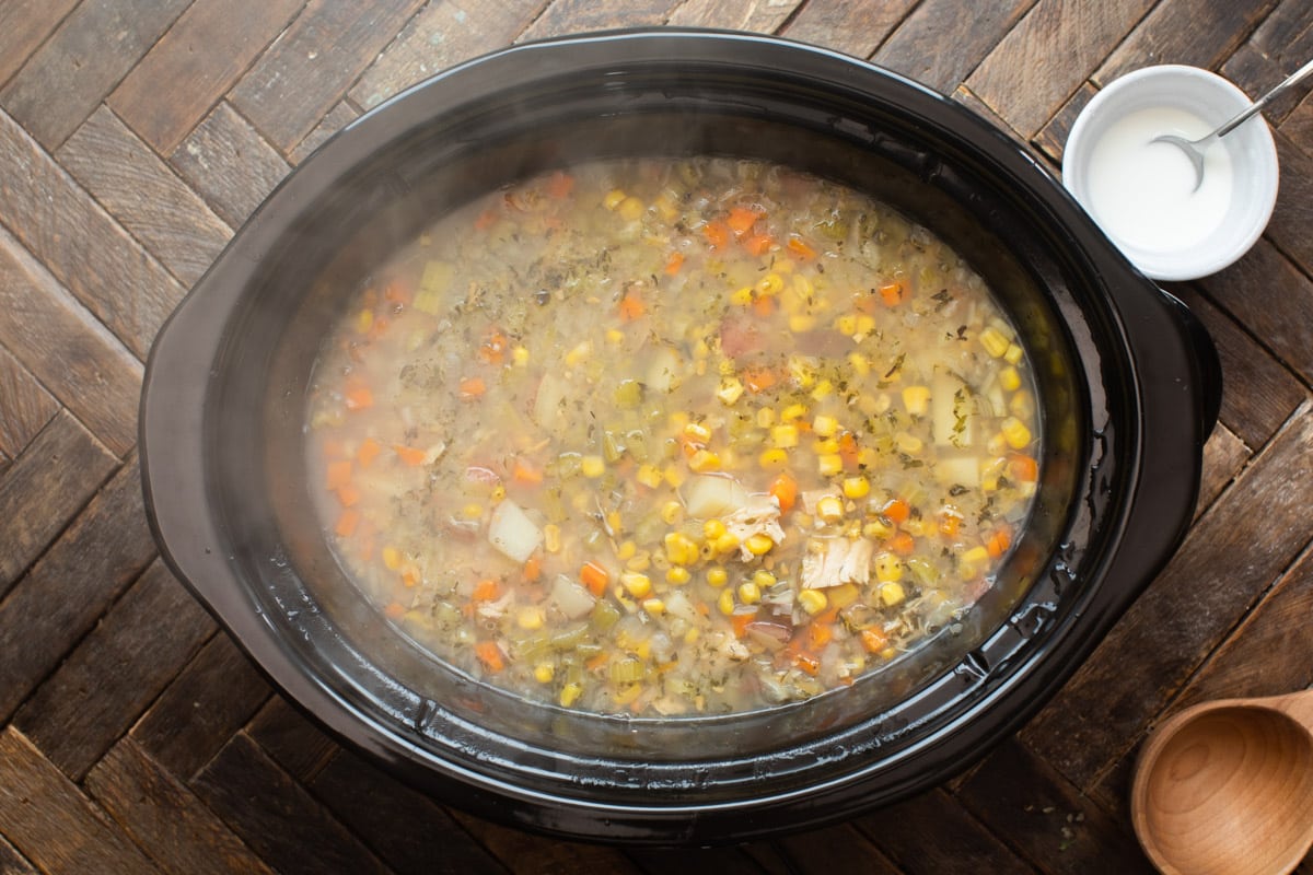 turkey chowder in slow cooker before cream is added