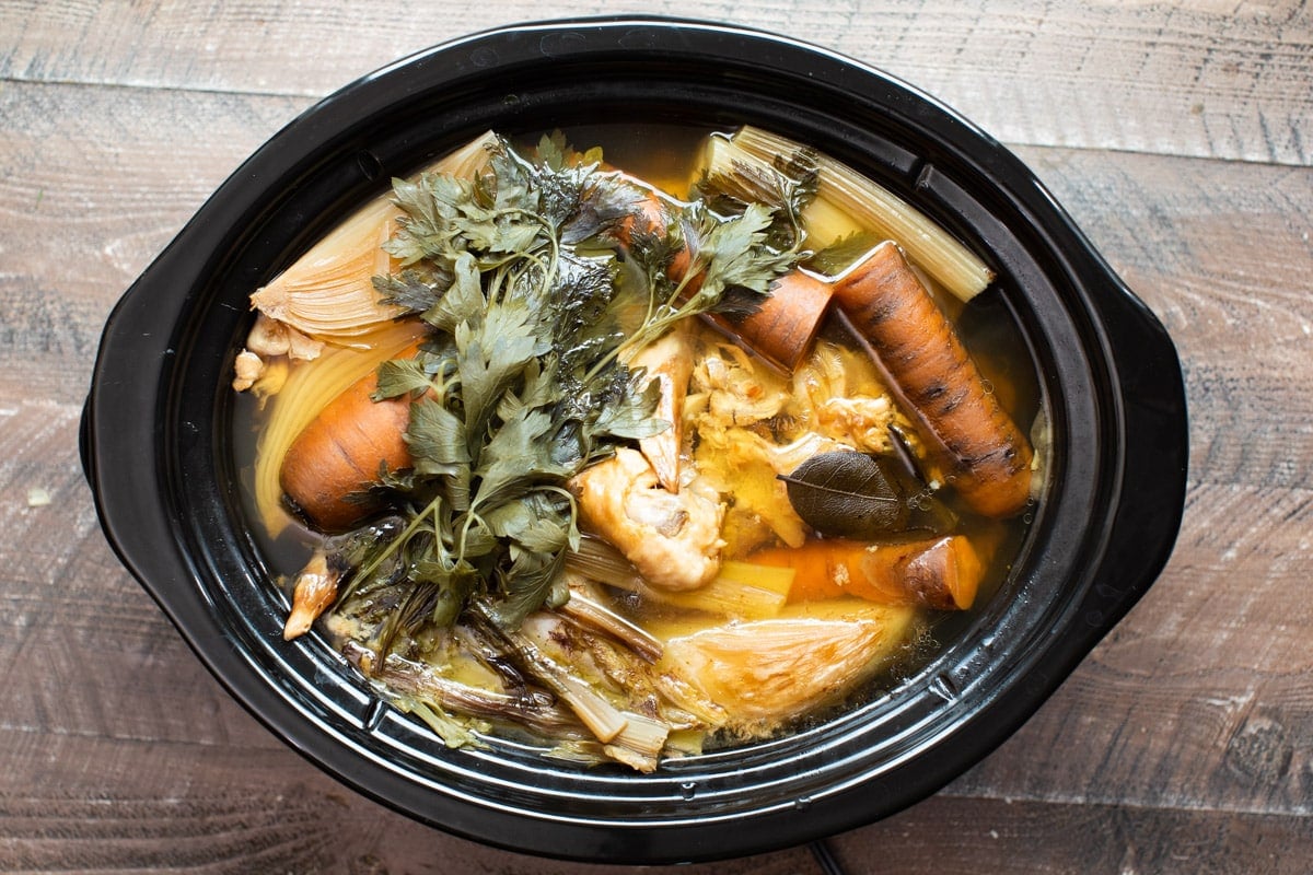 cooked turkey stock with veggies and bones still in it.