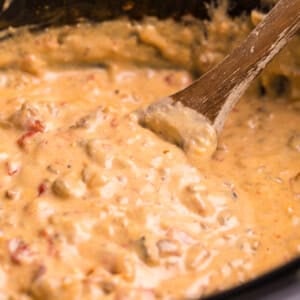 bacon cheeseburger dip with wooden spoon in it.