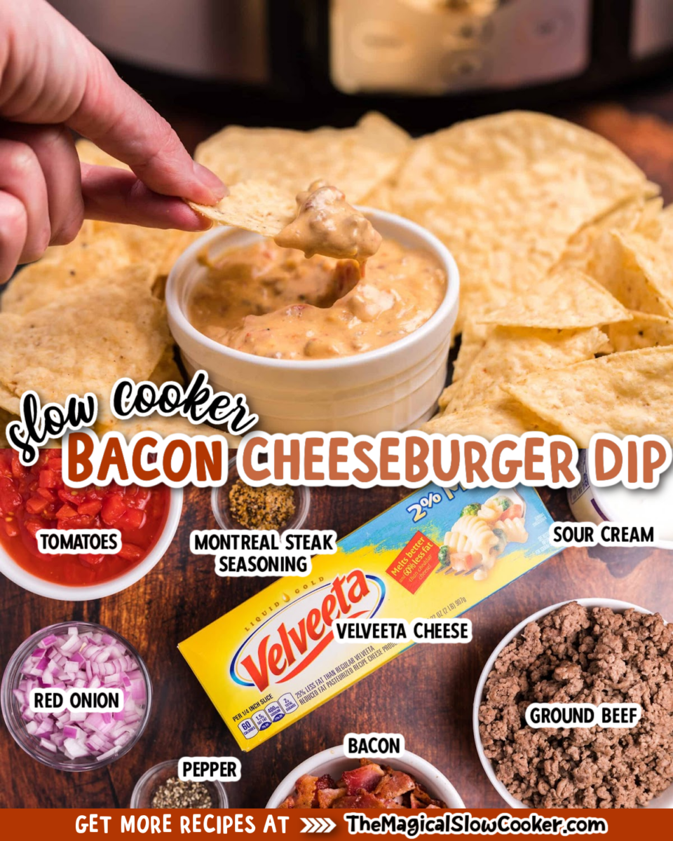collage of bacon cheeseburger dip with text overlay for pinterest