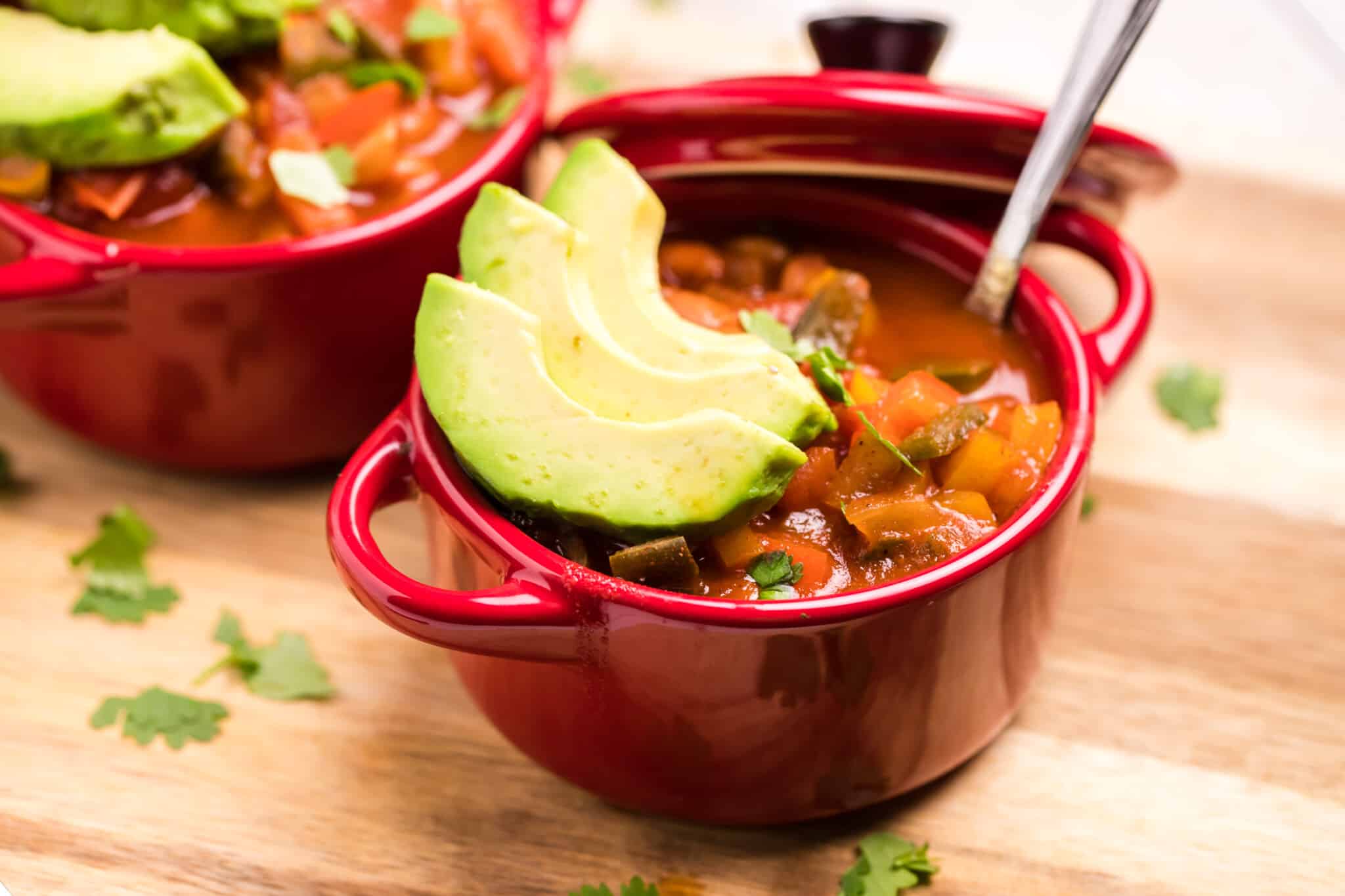 vegetarian chili in red bowl