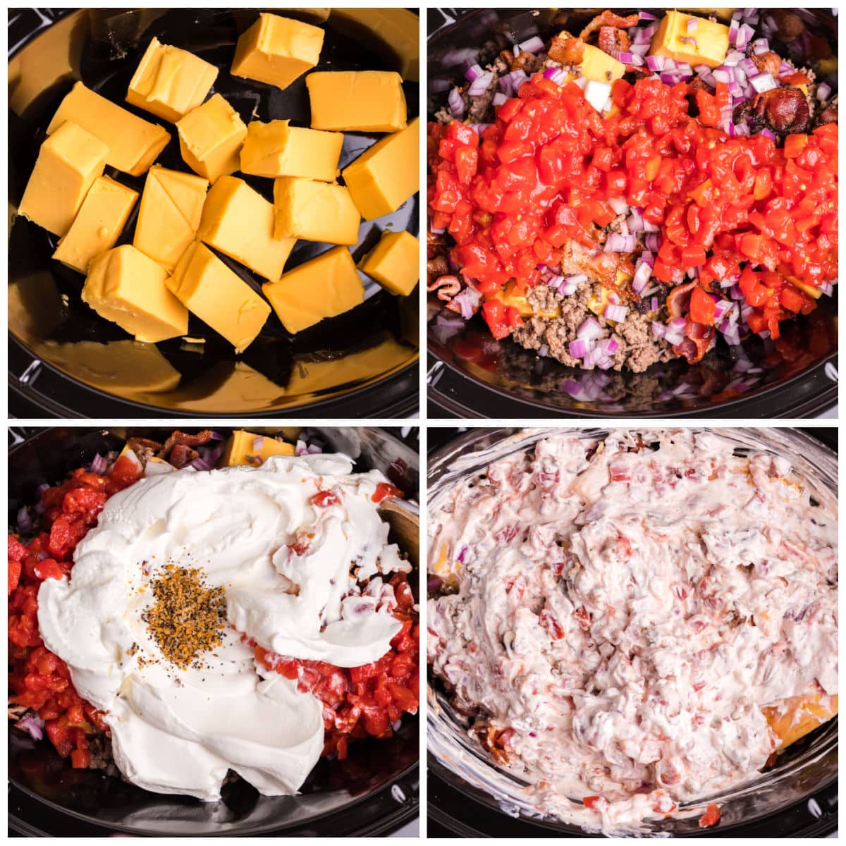 4 photo collage on how to make bacon cheeseburger dip in slow cooker
