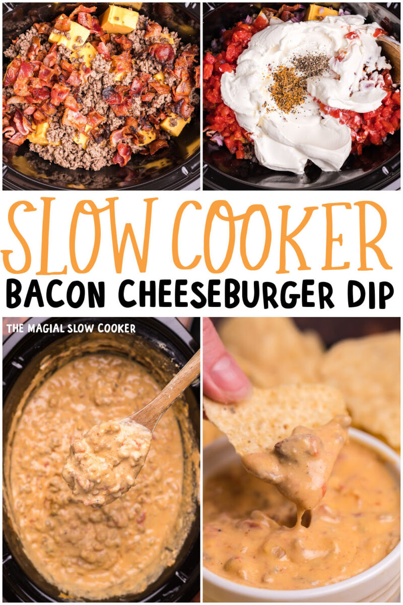 collage of bacon cheeseburger dip images with text overlay for pinterest