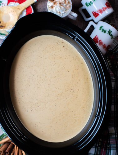 close up of egg nog lattes in slow cooker