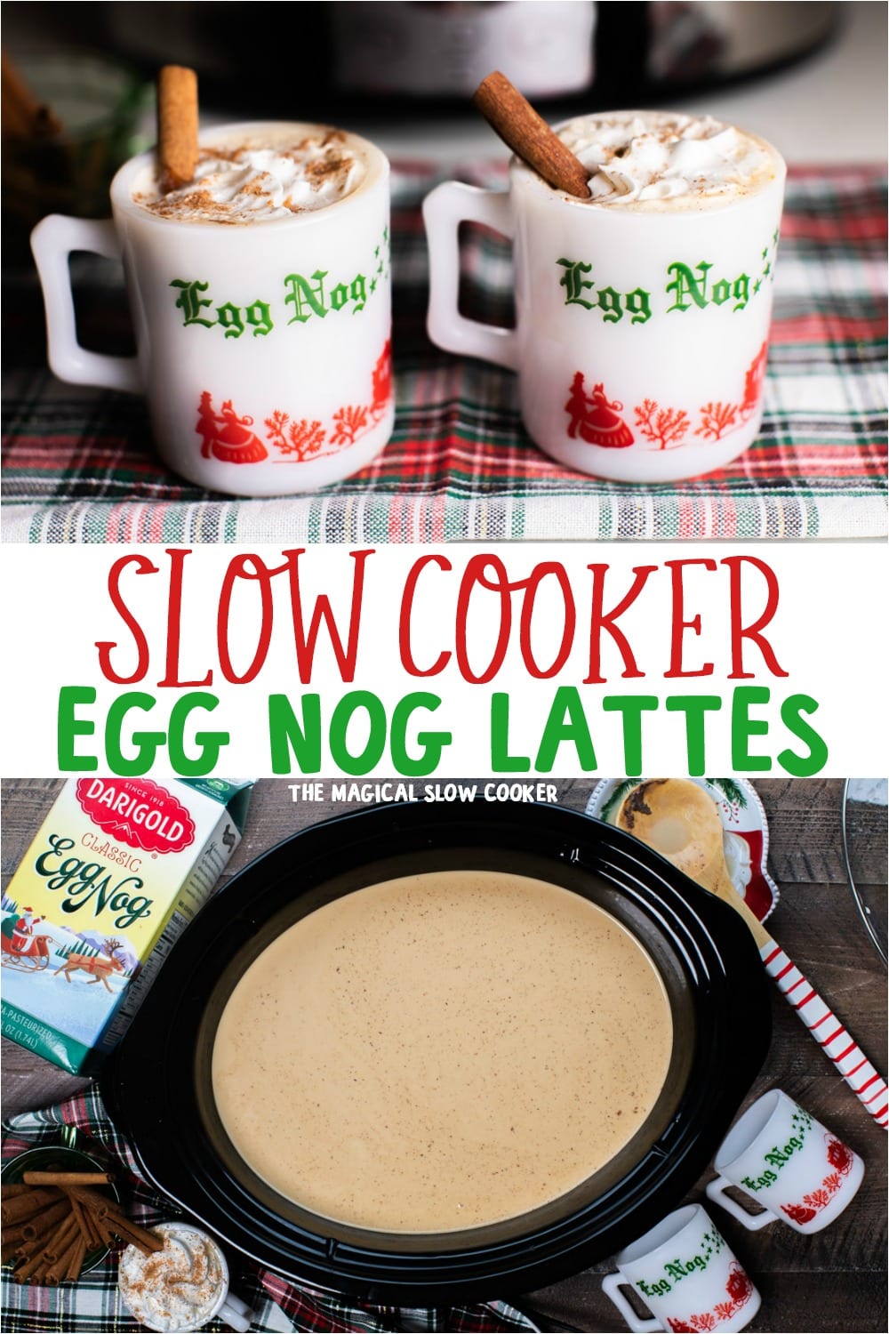 collage of egg nog lattes with text overlay for pinterest
