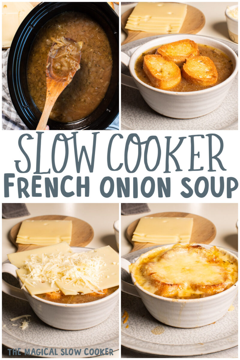 collage of french onion soup images with text overlay for pinterest