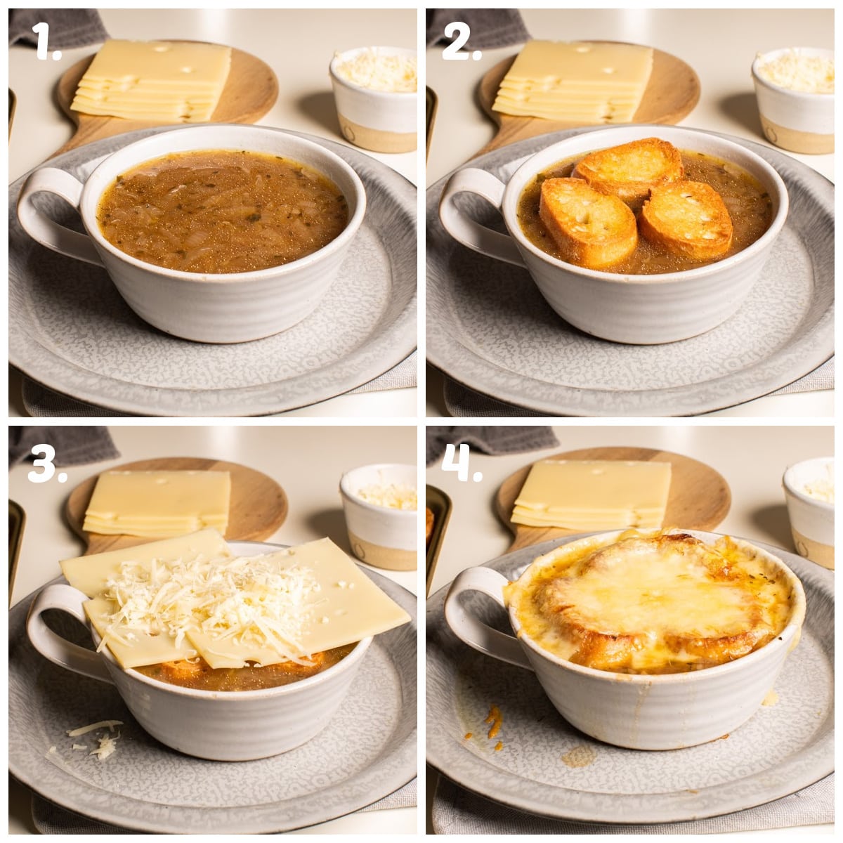 4 photo collage about how to top french onion soup with croutons and cheese, then broil.