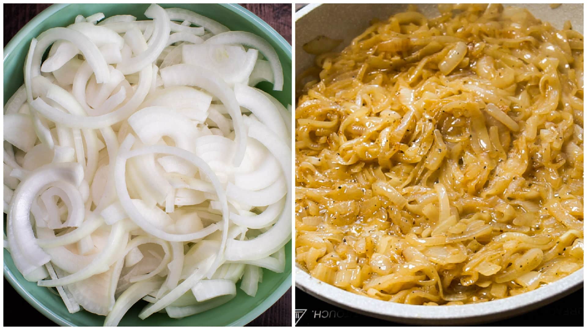 2 photo collage. One photo is a bowl of sliced onions. Other photo caramelized onions in skillet.