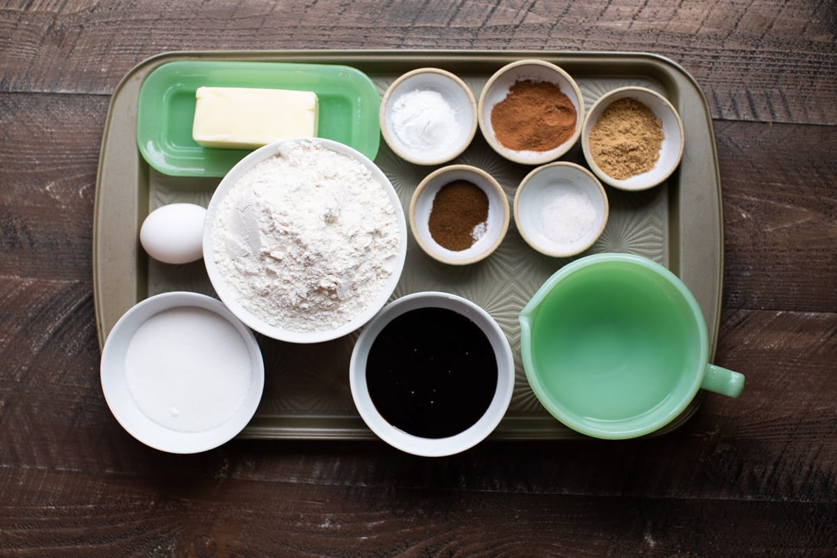 ingredients for gingerbread cake on a sheet pan