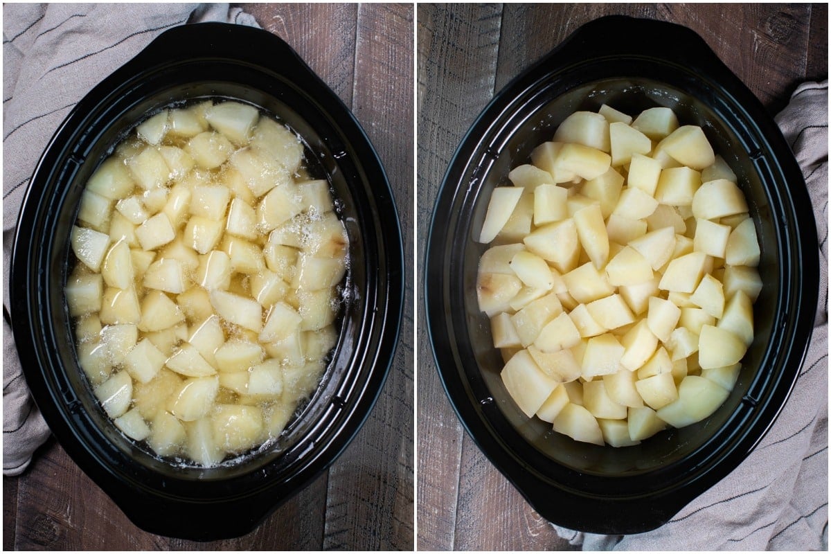 side by collage of two photos. Cooked potatoes in water and cooked drain potatoes.